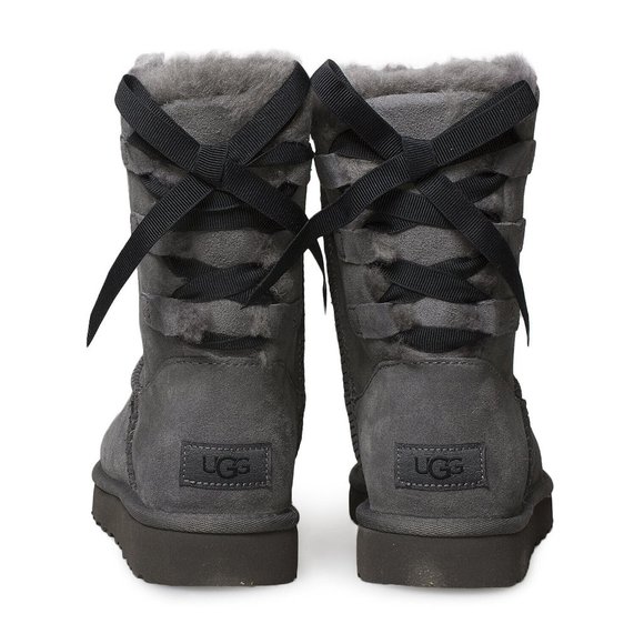 UGG SHORT CONTINUITY BOW CHARCOAL SUEDE SHEEPSKIN - Picture 2 of 6